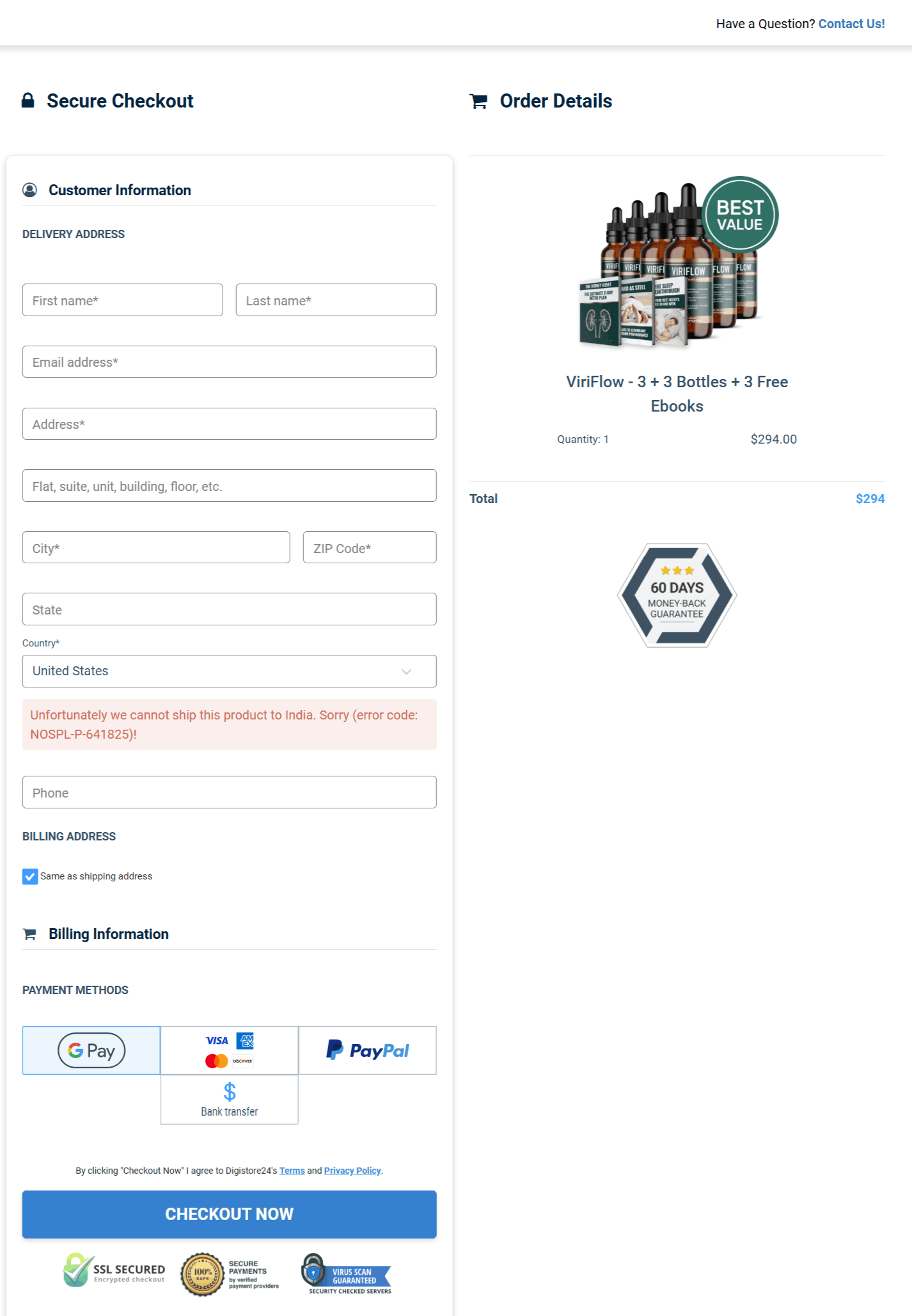 ViriFlow checkout page